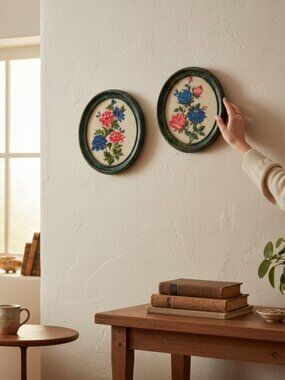 2 Vintage Oval Decoupage Framed Handmade Needlepoint Flowers Floral Artwork Boho